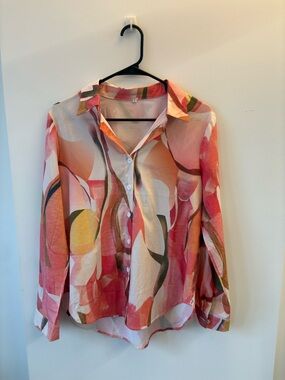 Abstract Watercolor Button-Up Blouse in Pink Multi